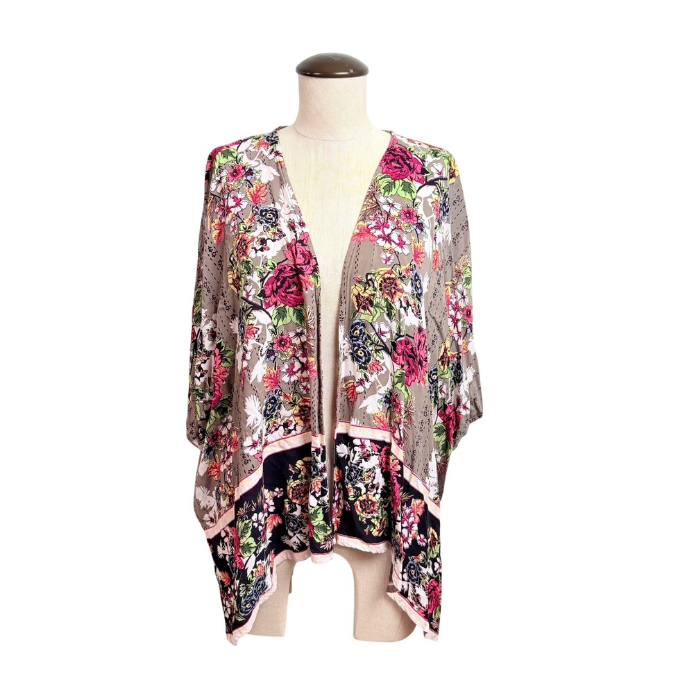Angie Floral Kimono Wrap Top Small Taupe Pink Boho Y2K Rayon Cardigan Topper